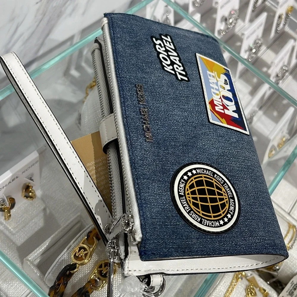 Michael Kors Jet Set Travel Lg Embellished Denim Wristlet Wallet Phone Patches - Picture 7 of 16